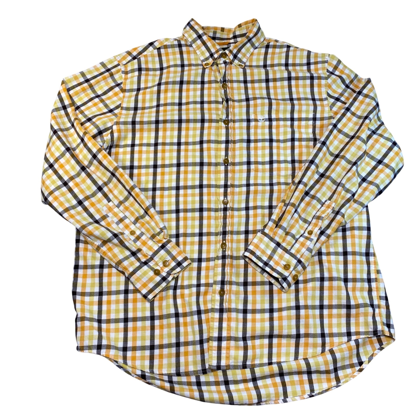 Timberland Mens Large Plaid Button Down Shirt Yellow Gold Black Long Sleeve Lge